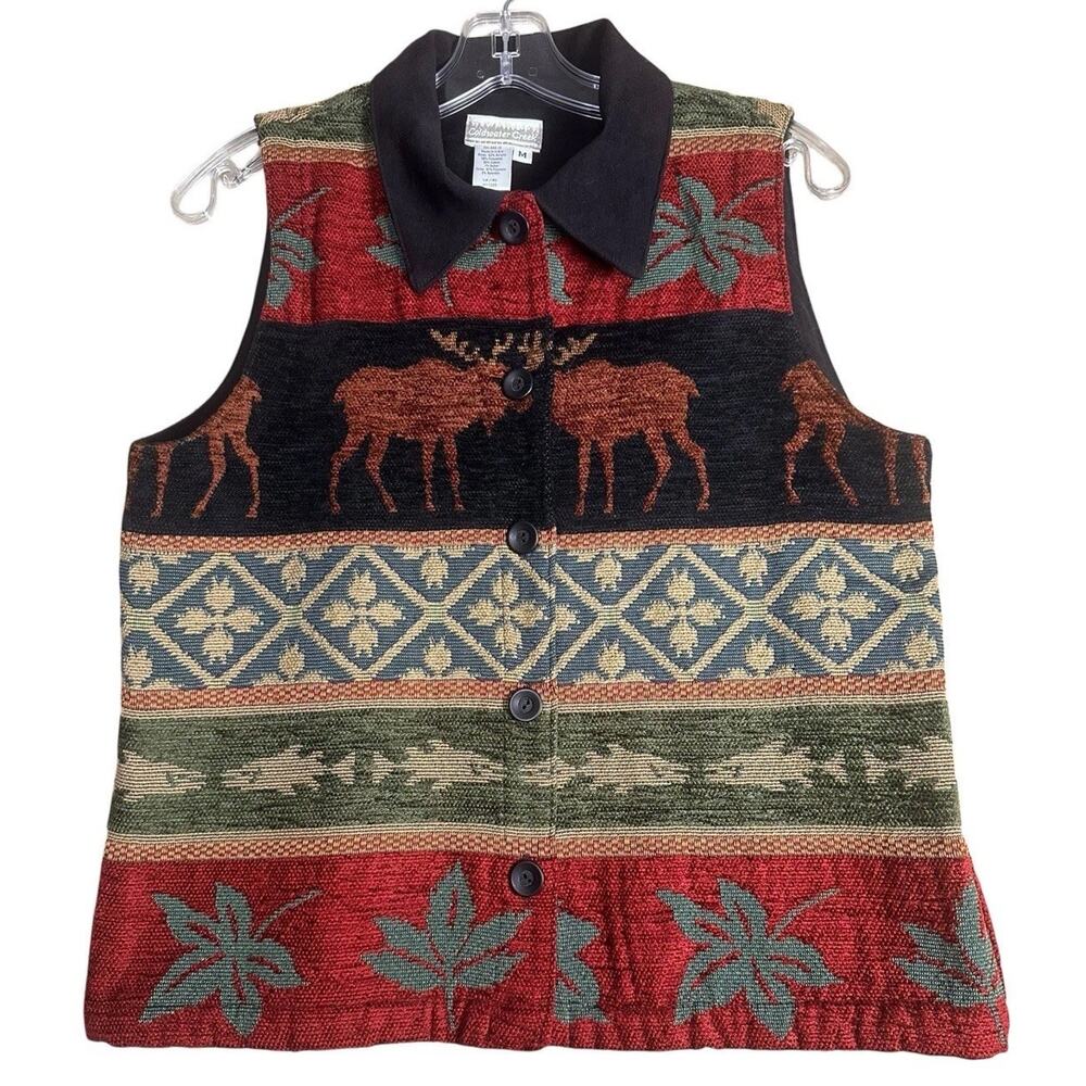 Vintage‎ Y2K Tapestry Vest M Outdoors Cabincore Lodge Mountain Fly Fishing Moose